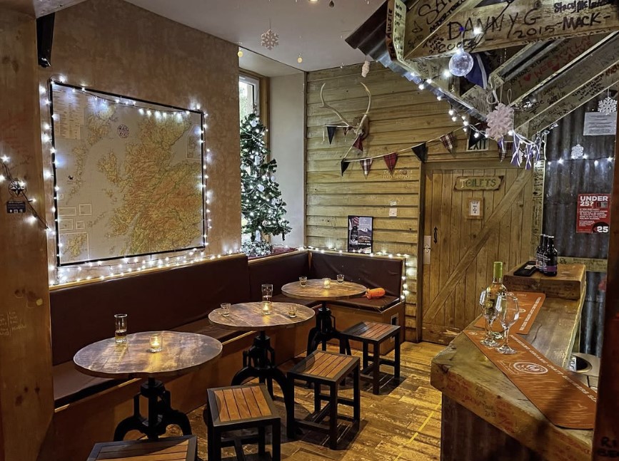 Morag's Lodge Bothy Bar with festive light decorations for Christmas