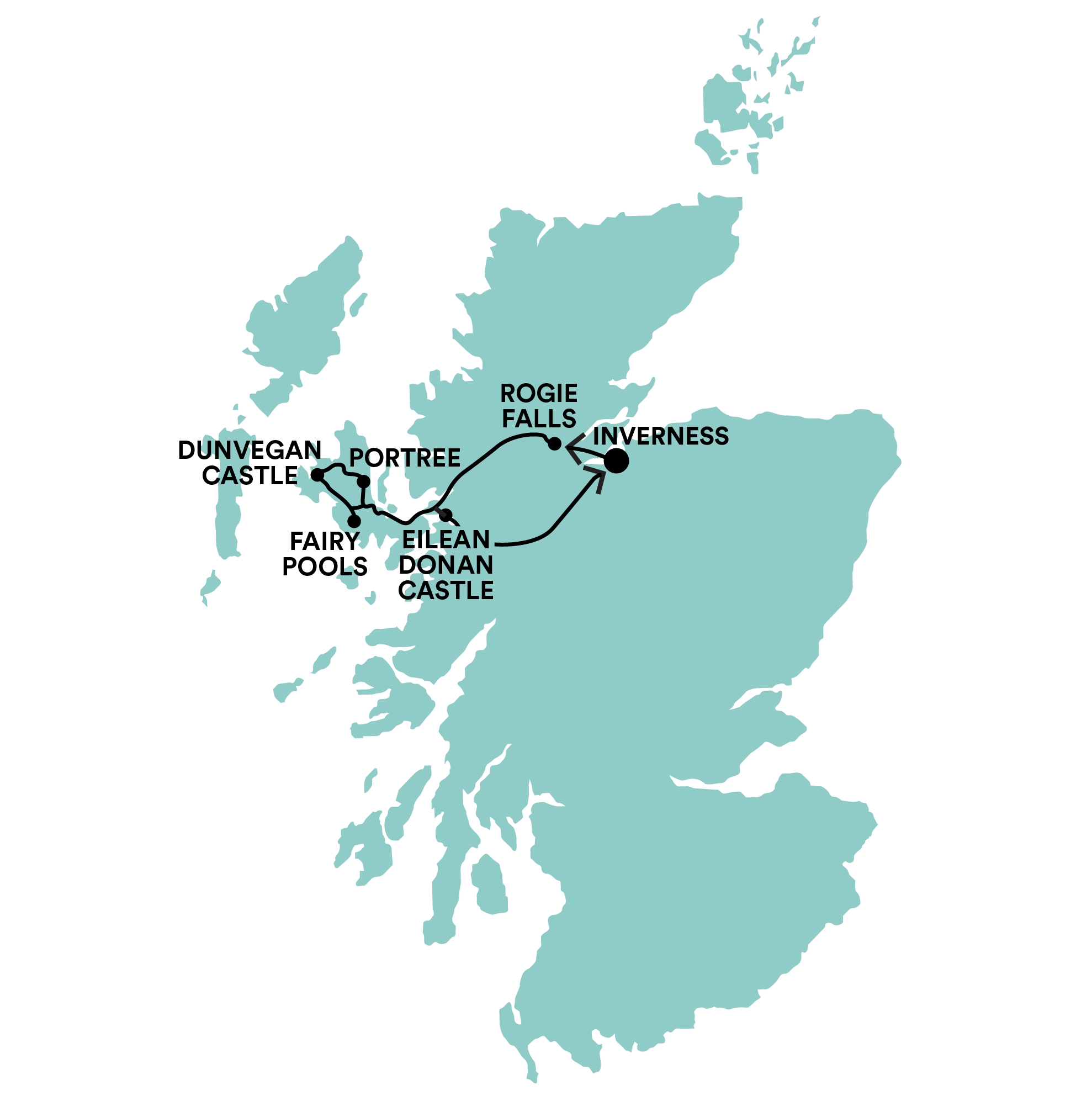 Castles, Skye & The Fairy Pools Tour Map