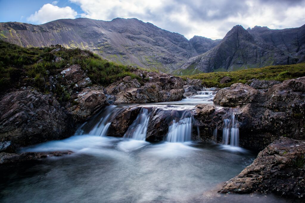 waterfalls and river streams on Isle of Skye by the Fairy Pools
